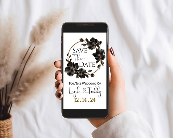 Black Floral Save The Date Evite: Modern Electronic Wedding Invitation (Instant Download)