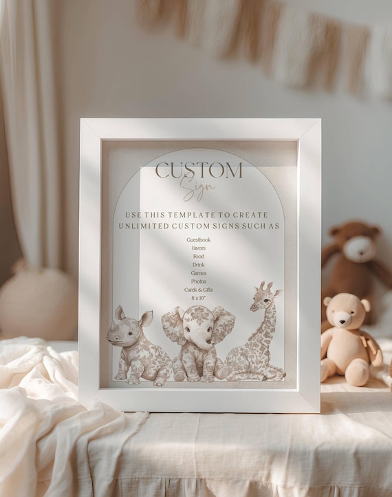 Animal Safari Baby Shower Customizable Sign, Beige, Toile, Table Sign (Editable Printable) Digital #toi
