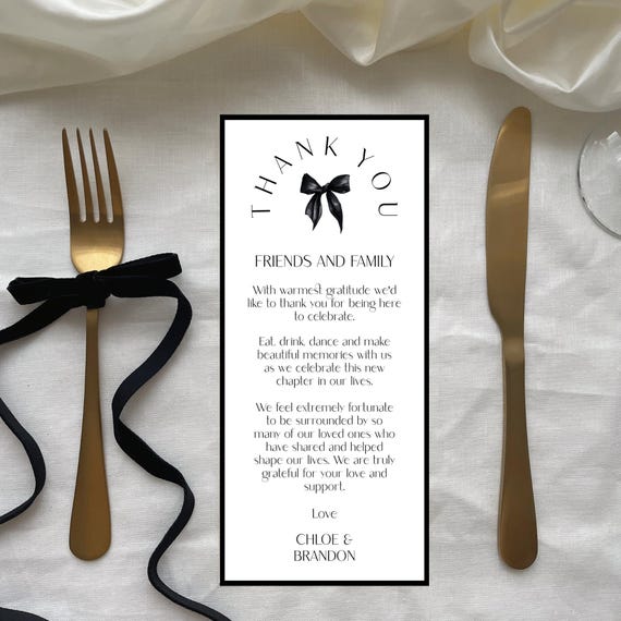 Black Bow Wedding Thank You Place Card: Modern Minimalist  (Digital Download) Editable, Printable #mmb
