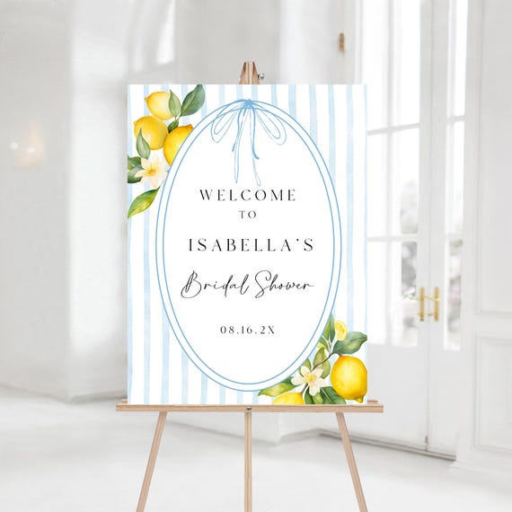 Lemons Bridal Shower Welcome Sign: Blue Coastal Sorrento Design (18x24" Printable Template) #obb