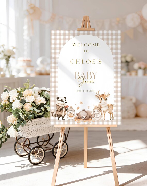 Fall Woodland Animals Baby Shower Welcome Sign, Beige Gingham, Autumn (Editable Printable) #fwa