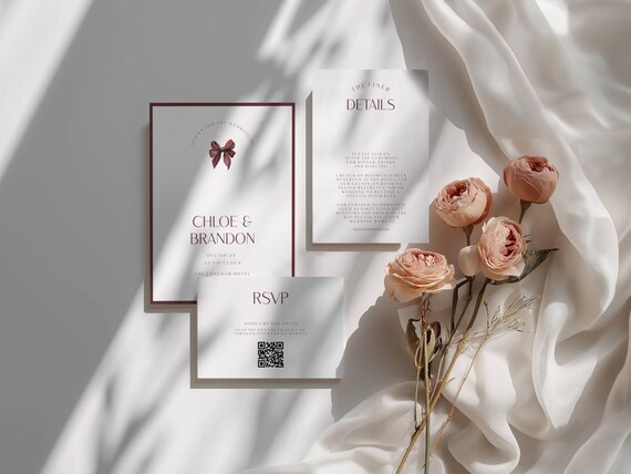 Burgundy Wedding Invitation Suite Template: Minimalist Bow Design (Printable, Editable, Digital Download #mbb