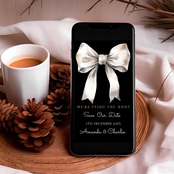 Elegant Black & Silver Bow Save The Date Evite (Digital Template)
