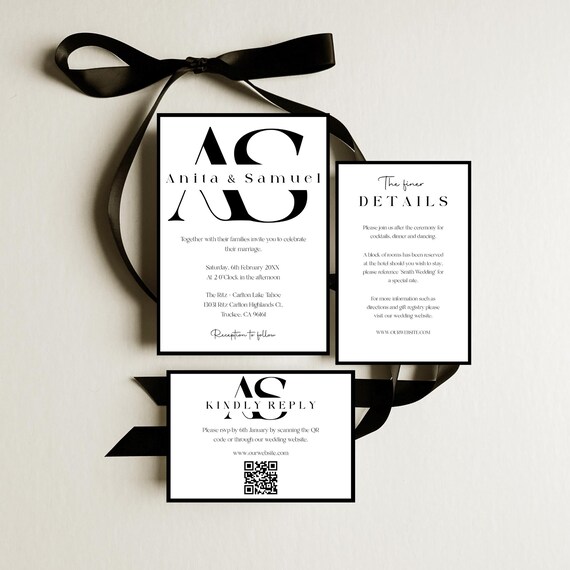 Modern Black and White Wedding Invitation Suite (Digital Download) Printable Template #bwi
