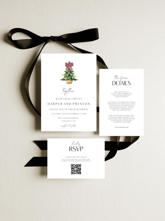 Modern Christmas Tree Wedding Invitation Set : Minimalist Festive ( Editable Printable ) Instant Download #xth