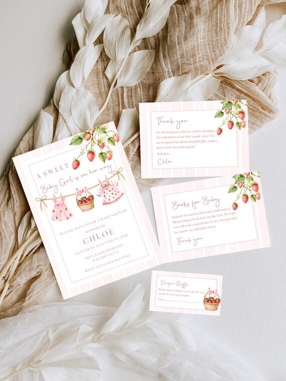 Strawberry Baby Shower Invitation Set, Sweet Girl, Summer Fruits, Pink (Editable Printable) #scp