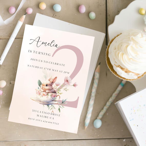 Bunny Tea Party 2nd Birthday Invitation Template (Digital Download) Printable
