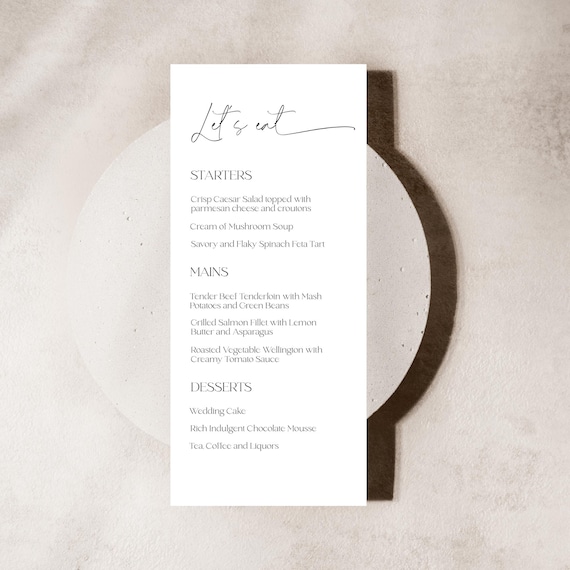 Minimalist Wedding Menu Template: Modern Printable Dinner Menu (Digital Download, 4x9")