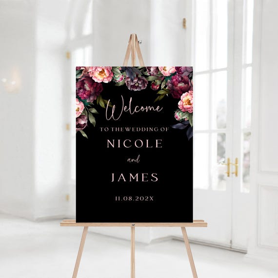 Black and Blush Peonies Wedding Welcome Sign Template (Digital Download) Editable #bpp