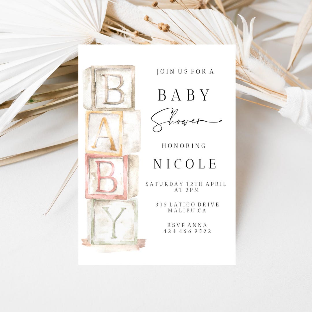 Gender Neutral Baby Shower Invitation Template, Toy Blocks, Beige ...