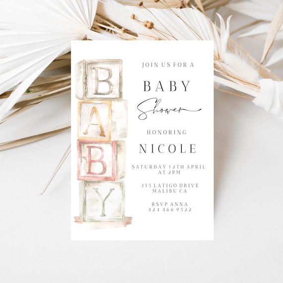 Modern Baby Blocks Baby Shower Invitation Template (Printable,Editable) #dbb