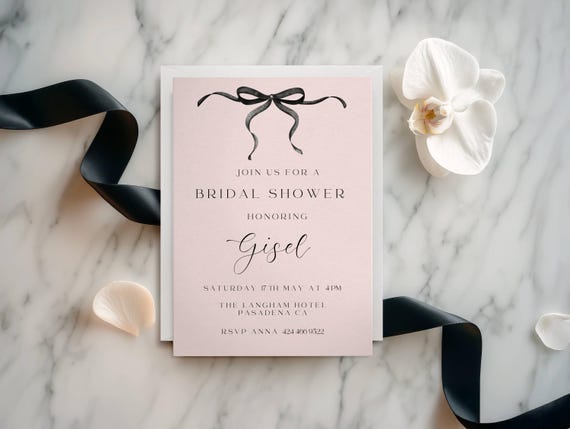 Black Bow Bridal Shower Invitation Template: Minimalist Pink (Digital Download) Printable #prb