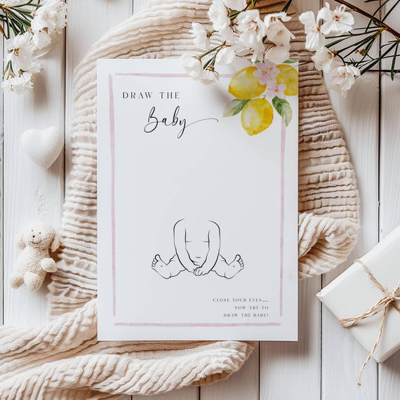 Lemons Baby Shower Game Template, Draw The Baby, Pink Floral, (Printable, Editable) Digital #lem