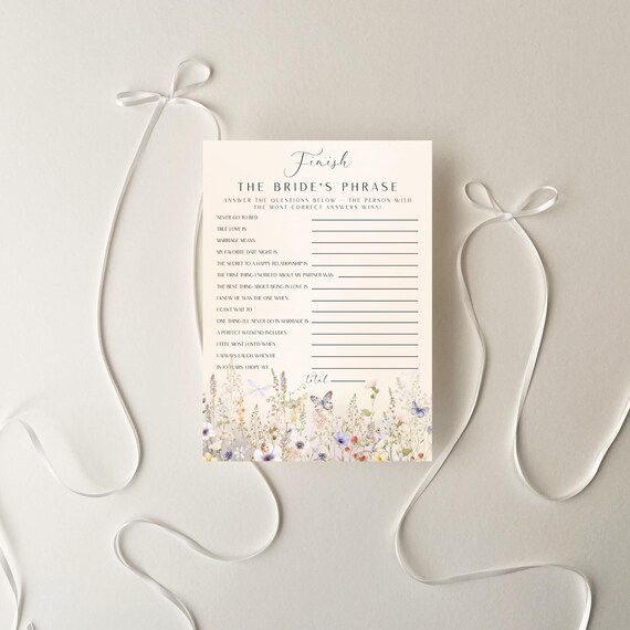 Wildflower Finish Bride's Phrase, Bridal Shower Game, Floral (Editable Printable) Digital #dwf