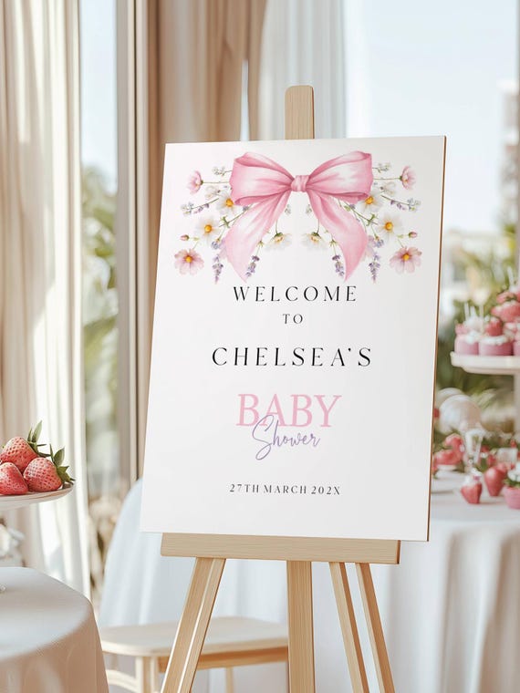 Pink Bow Baby Shower Welcome Sign : Spring Flowers, Floral (Editable Printable) Instant Download #pbr
