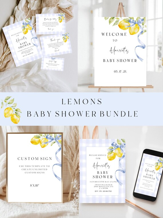 Lemons Baby Shower Invitation Bundle: Blue Gingham,Bow, Country chic (Digital Download) Printable #lem