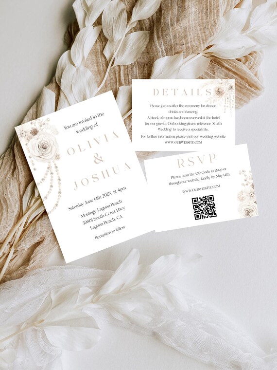 Beige Floral Wedding Invitation Set: Roses & Pearls (Editable Template, Digital Download