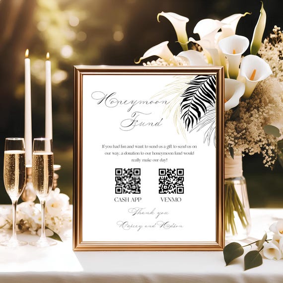 Modern Palm Honeymoon Fund Sign: Elegant Script, Editable Template