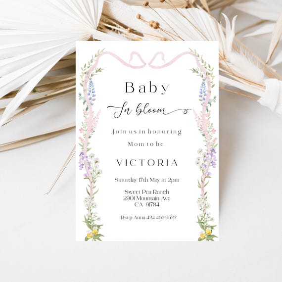 Wildflower Baby Shower Invitation: Pink Ribbon, Spring Blooms (Editable,Printable)