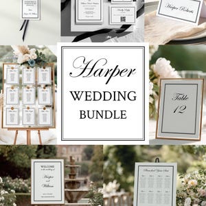 Può includere: Un set di cancelleria per matrimoni con cartoncini bianchi, bordi neri e tipografia elegante. Include un cartellino di ringraziamento, inviti, segnaposto, numeri da tavolo, un cartello di benvenuto e piani di seduta.