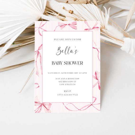 Pink Bows Baby Shower Invitation : Pink Pinstripes, Elegant, (Editable Printable) Instant Download #rbp