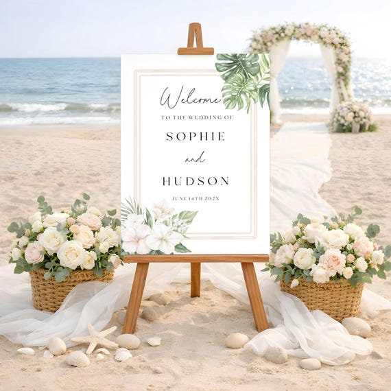 Tropical Wedding Welcome Sign: Coastal, Summer Florals, Pastels (Editable Printable) #tbb