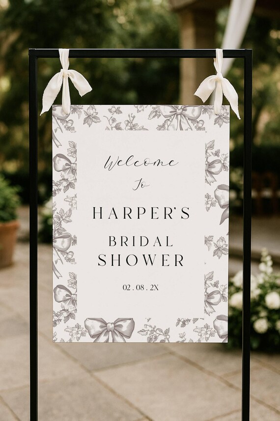Toile Bridal Shower Welcome Sign Template: Elegant Bow Design (Printable, Editable)