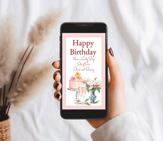 Floral Birthday E-Card: Personalized Pink Cake Greeting (Digital File)