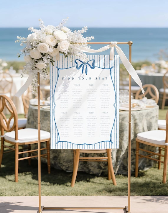 Blue Striped Seating Plan, Coastal Seating Chart Sign, Mediterranean (Editable Printable) Instant Download #vtb