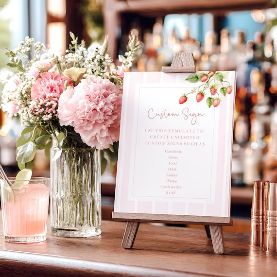 Strawberry Customizable Sign, Pink Striped Summer Fruits Table sign, (Editable Printable) #scp