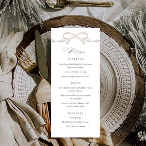 Szablon karty menu ślubnego z perłową kokardą, eleganckie menu na stół, menu świąteczne, menu weselne do druku, menu na kolację weselną, edytowalne #sbb