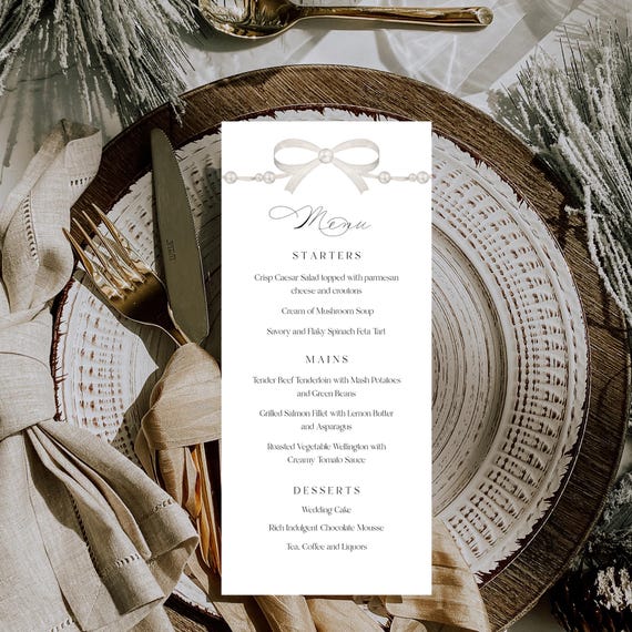 Pearl Bow Wedding Menu Template: Elegant Script, Printable Menu (Digital Download) #sbb