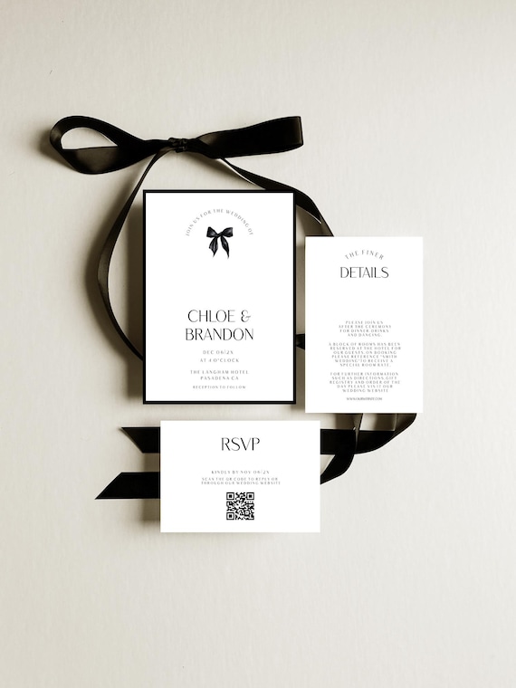 Minimalist Black Bow Wedding Invitation Suite: Modern, Elegant ( Editable Printable ) Digital #mmb