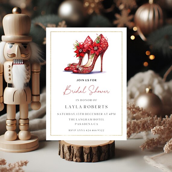 Christmas Bridal Shower Invitation Template: Red Shoes Design (Digital Download, Editable, Printable)