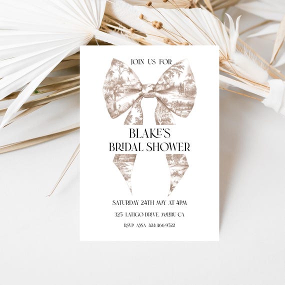 Toile Bow Bridal Shower Invitation: Beige Elegant Template (Printable, Editable) #toi