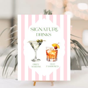 Modèle de plaque de cocktail signature rayé rose, signe de boissons signature rétro, signe de cocktail imprimable, douche nuptiale, cocktail de mariage modifiable