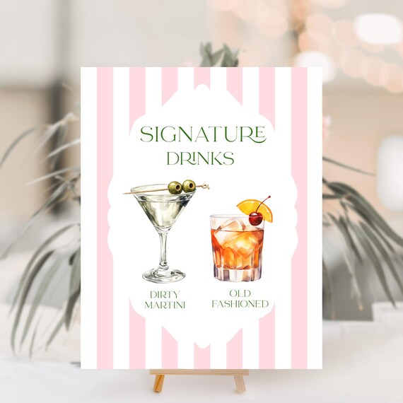 Retro Pink Striped Signature Cocktail Sign: Editable Wedding Drinks Printable (Digital Download)
