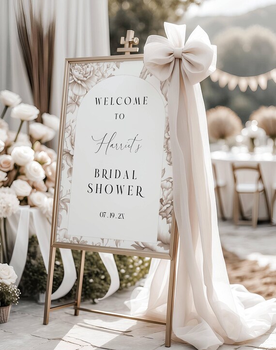 Neutral Toile Bridal Shower Welcome Sign Template, Elegant Beige Floral (Digital Download) Printable #toi