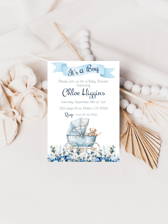 Blue Stroller Baby Shower Invitation: Vintage Teddy Bear Design (Printable Template)