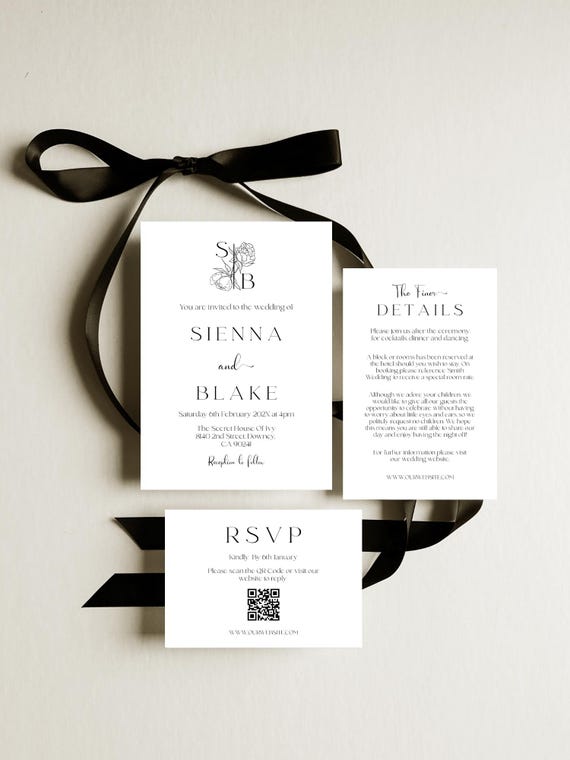 Elegant Black and White Wedding Invitation Set: Peony Sketch (Digital Template) Printable, Editable #pii