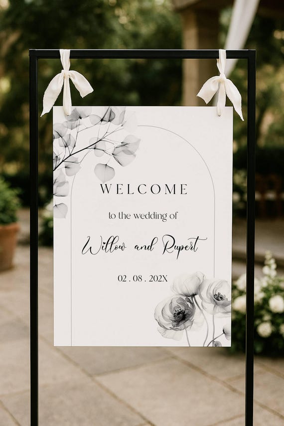 Floral Wedding Welcome Sign Template: Elegant Black & White (Editable)
