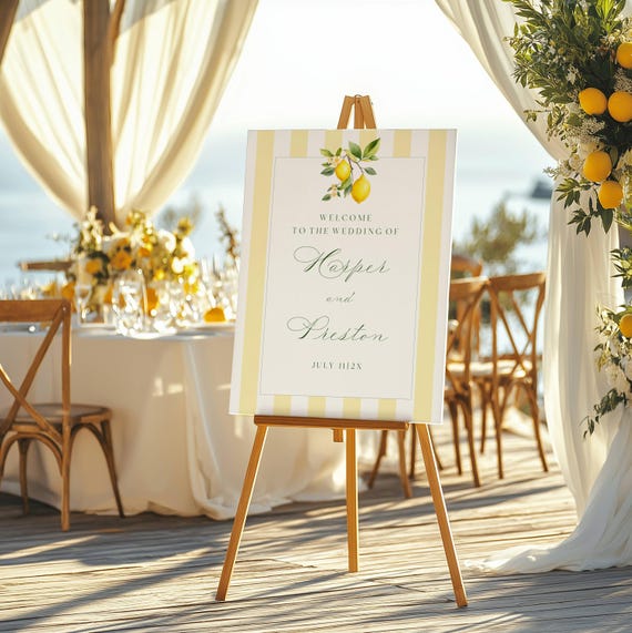 Lemon Wedding Welcome Sign, Coastal, Striped, Mediterranean ( Editable Printable ) Digital #lgs