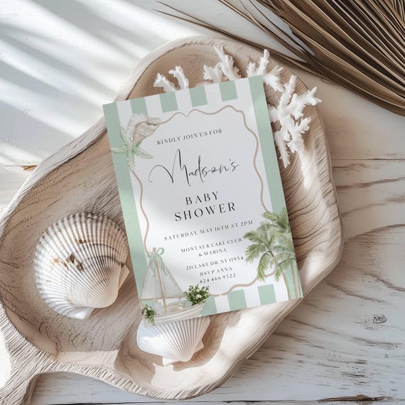 Coastal Design Baby Shower Invitation, Stripes, seashells, Beach, Boat (Editable Printable)  #css