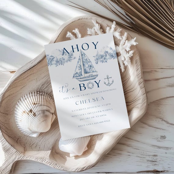Coastal Boy Baby Shower Invitation, Blue Toile, Boat, Ocean (Editable Printable) Instant Download #btb