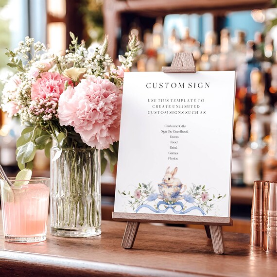 Wildflower Bunny Baby Shower Custom Sign Template, Blue Bow (Printable,Editable) Instant Download#wbb
