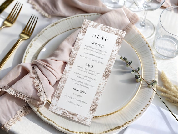 Neutral Toile Wedding Menu : Elegant Beige Floral Table Menu, (Printable Editable) Instant Download #toi