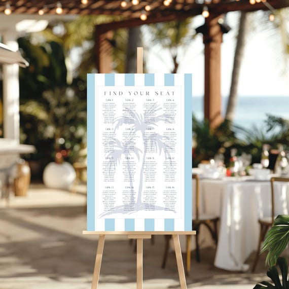 Coastal Design Wedding Seating Plan: Seating Chart, Blue stripes, Palm Tree ( Editable Printable)  #scb
