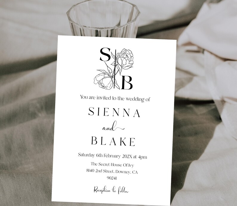 Elegant Black and White Wedding Invitation Set Template, Floral Black