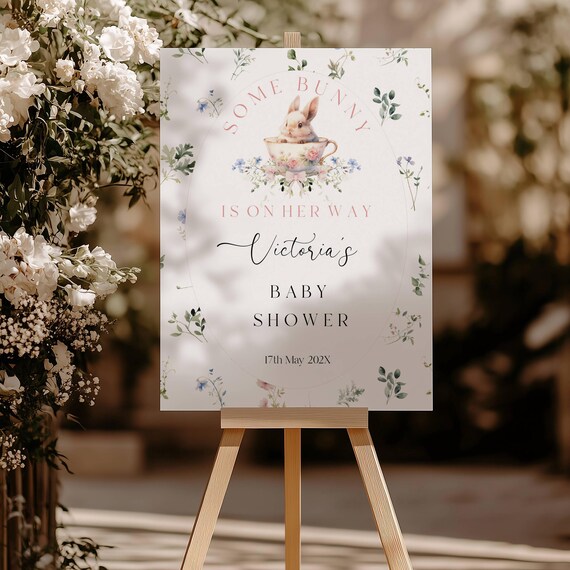 Wildflower Bunny Baby Shower Welcome Sign, Floral, Pink bow (Printable,Editable) Instant Download #wbb