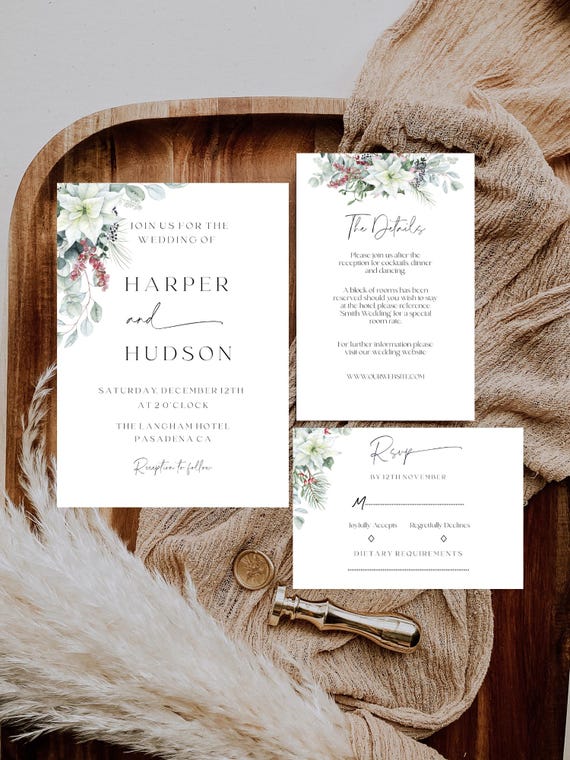 Poinsettia Wedding Invitation Template Set: Winter Floral Xmas (Printable, Editable, Digital Download) #poin